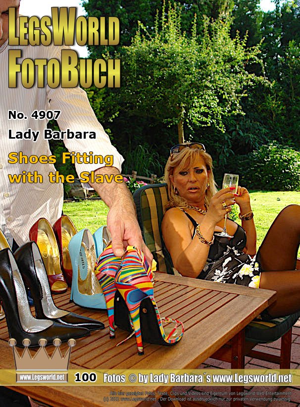 Ebook: 4907 - Lady Barbara
Shoes Fitting with the Slave
After my slave, has postured me some Stilettos on the garden table, I do a shoe fitting and pose for you in various white 16 cm-high Sandals from 7-inch. Very much to the delight of my slave, because he can take off my shoes and put new shoes on me.