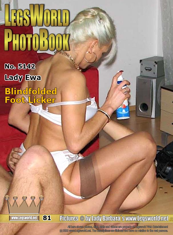 Ebook: 5142 - Lady Ewa
Blindfolded Foot Licker
This naked masked slave is allowed to serve the blonde NylonLady in a hotel room in Koblenz. He must clean at first the naked and then the stocking feet of his Mistress Lady Ewa with his tongue and he also has to lick  then the cream from her naked body.
