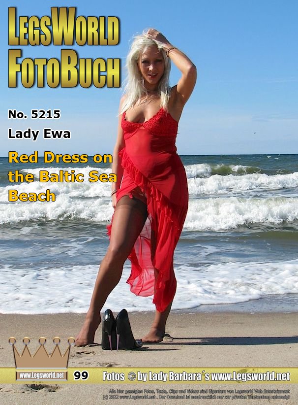 Ebook: 5215 - Lady Ewa
Red Dress on the Baltic Sea Beach
In a transparent red dress, stockings and high-heeled pumps, the Lady visits a secluded beach of the Baltic Sea. And because it is so nice and warm, she first underesses her red, sheer summer gown and tales a bath in nylons in the see. Then the Polish Goddess undresses completely naked and shows with wide open legs her bare pussy in the sand.