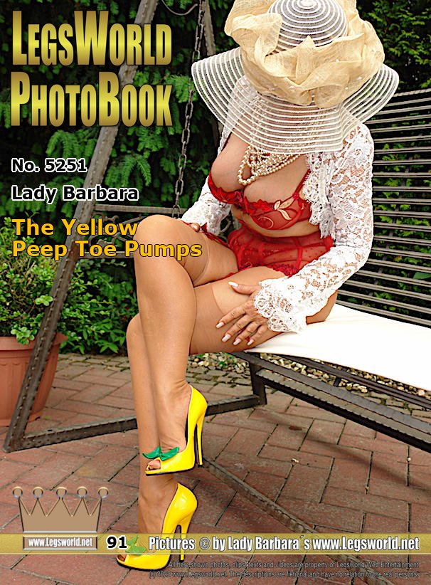Ebook: 5251 - Lady Barbara
The Yellow Peep Toe Pumps
With my yellow open toe patent leather pumps, I sit in this update on the old garden swing. Im wearing a red Lace Corset and sheer nude nylons today, so that you can see well my long toe claws. A stylish summer hat and an open lace blouse fit well to that. After the shoot, I took a light skirt over it and went to the Koenigsallee in Duesseldorf.
