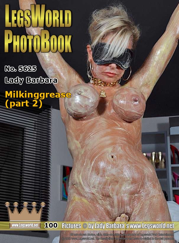 Ebook: 5625 - Lady Barbara
Milkinggrease (part 2)
Tied to a ceiling hook and standing on 16 cm high, wobbly strappy sandals, Im today smeared by a masseur again intensively with milking grease. My big balls were previously tied off with tight rubber rings, so that the nipples stick out really stiff. Then the masseur spread about 1/2 kg of milking grease everywhere on my body and massaged it in again firmly. On my bound boobs, between my legs and in my ass crack.