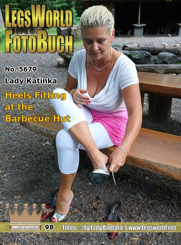 Ebook: 5679 - Lady Katinka
Heels Fitting at the Barbecue Hut
Actually, Lady Katinka already wanted to do something horny with the guys at the barbecue hut in the forest near Bonn, but again and again normal walkers came by. So the shoe-horny blonde first tried harmless variouns high heels at the barbecue place, instead of letting the guys smell oder lick her feet, or let them jerk on her toes. At first she does a bit of barefoot dangling in her sheer white leggins and petite size-35-sabots.