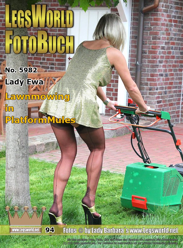Ebook: 5982 - Lady Ewa
Lawnmowing in PlatformMules
Today somebody had again something nice to watch: In the garden, you see Lady Ewa in short golden dress, seamed dark nylons and 24 cm high heeled platformmules working with her lawn mover. Again and again the hot blonde bends down and lets the photographer look under her skirt. Where is the garden slave?