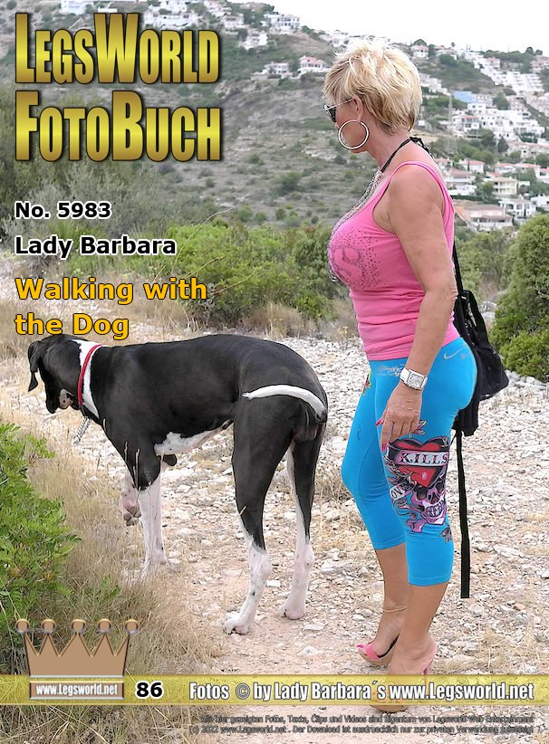 Ebook: 5983 - Lady Barbara
Walking with the Dog
Dressed like here with a sheer leggings,a  cool top and high heeled mules, I often take a walk with my dog. Although they are somewhat uncomfortable and not entirely fitting, I wear today noble wooden designer mules from Gianmarco Lorenzi.