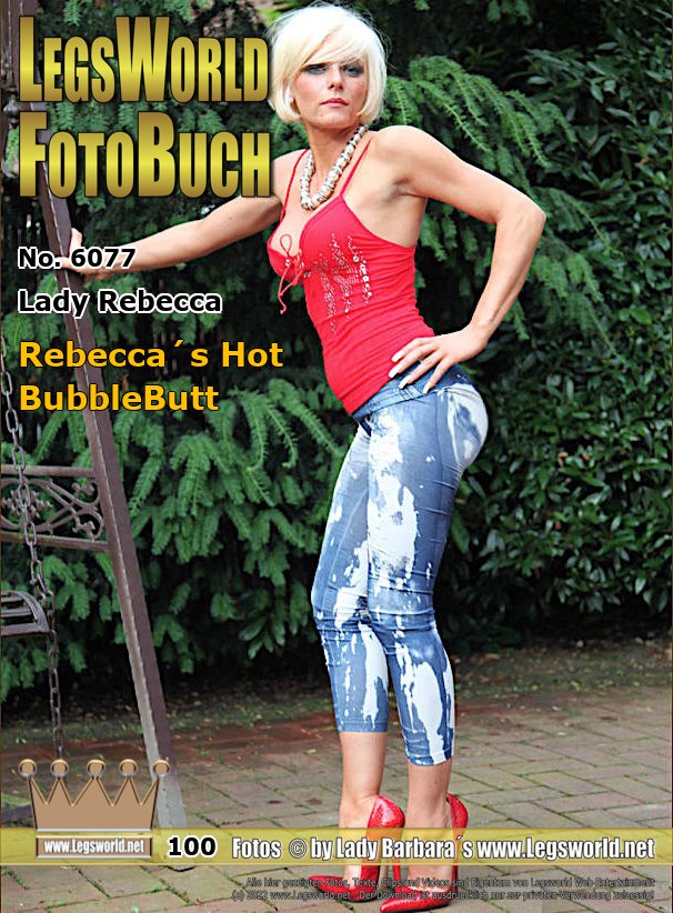 Ebook: 6077 - Lady Rebecca
Rebeccas Hot BubbleButt
The blonde Rebecca had to show off in front of the camera for member Egon today in a tight leggins that visibly divides her big buttocks. In these blue and white butt-trousers, the 75-year-old pensioner wanked for Lady Rebeccas ass several times. The blonde also wears 16 cm high red pumps which press her toes firmly together.