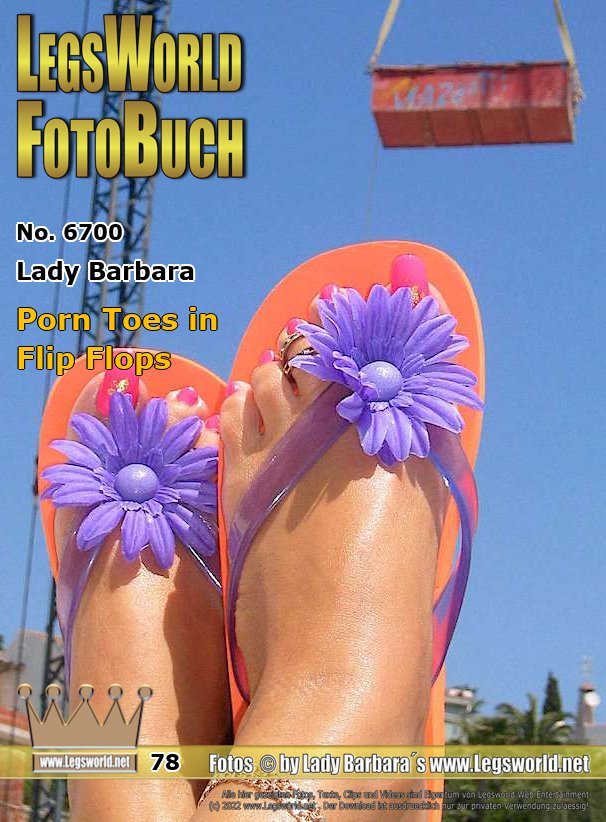 Ebook: 6700 - Lady Barbara
Porn Toes in Flip Flops
Today, at the request of a member, I will show you my oiled and shiny vacation feet in front of a sunny Spanish backdrop. Once I wear pink flip-flops with it, then without any shoes, when Im driving and when polshing my long toe claws. If anyone of you knows such typical flip-flops with a high wedge heel (11 cm or higher) from the same material, please contact us.