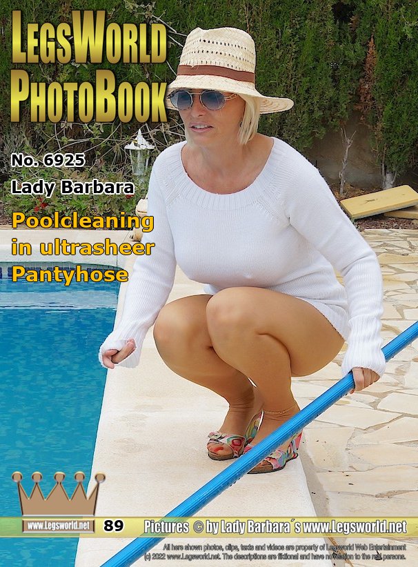 Ebook: 6925 - Lady Barbara
Poolcleaning in ultrasheer Pantyhose
In a white sweater and summer hat Im cleaning the pool of an old friend on the Costa Blanca today. Since nobody lives there, I can do it only in sheer beige seamed tights and my garden wedge mules. Hopefully the old man and his wife wont suddenly come back at the moment from their tour to Germany. If you are interested in my mules, please contact me.