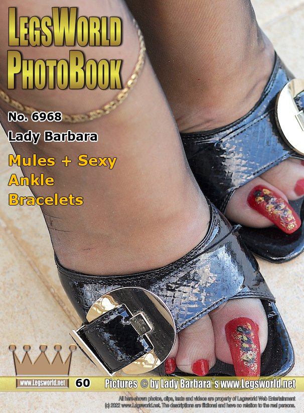 Ebook: 6968 - Lady Barbara
Mules + Sexy Ankle Bracelets
Today you can see hot close-ups of my feet with sexy anklets in sheer black nylon stockings and high-heeled black mules with golden metal heels. I also often wear these stilettos as slippers at home. You can clearly see how the thin nylon fabric stretches tautly over my long, red-lacquered toenails, so that I sometimes fear they might break off.