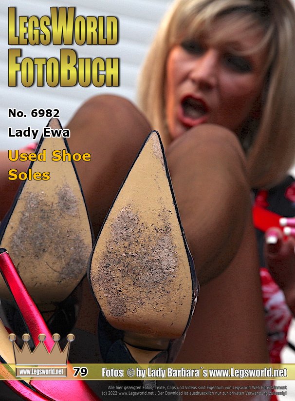 Ebook: 6982 - Lady Ewa
The Soles of her Used Shoes
PolandLady Ewa is sitting at a metal table in the garden today and shows how often she has worn her high heels. Even the soles of her highest heels are quite worn and dusty. No wonder, because the blonde, who is keen on high heels, has been out and about in such high stilettos almost every day. Shopping in the local discounter in 15cm stilettos - no problem for Ewa.