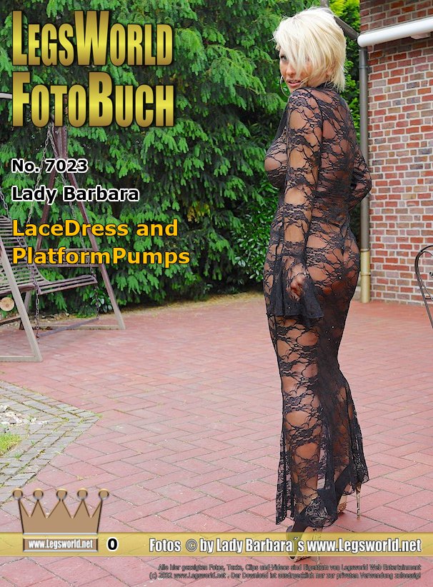 Ebook: 7023 - Lady Barbara
LaceDress and PlatformPumps
Only in a transparent lace dress without bra and panties, but with very high platform pumps on my feet I am posing for you today in the garden. Should I venture into the city dressed like this? What do you think? Is that too daring or not? In any case, you can meet me again in summer in such a closed lace dress (catsuit) on a sleep date. However, I don