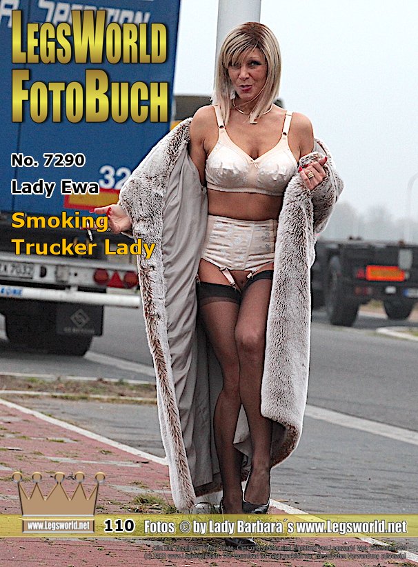Ebook: 7290 - Lady Ewa
Smoking Trucker Lady
Today, smoking Lady Ewa poses in the cold between parked trucks in an elegant fur coat. Underneath, the blonde Polish woman wears old-fashioned skin-colored lingerie in the style of the 60s with a pointed bag bra, sheer black nylons and high-heeled black sling pumps. She was definitely a source of wanking fodder for some of the truckers sitting in their warm cabins.