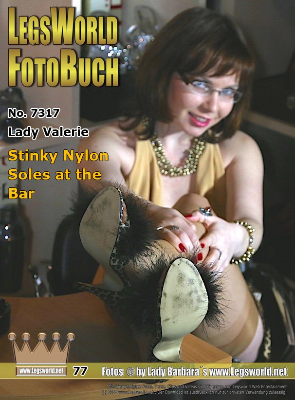 Ebook: 7317 - Lady Valerie
Stinky Nylon Soles at the Bar
Today Valerie is sitting at the small Champagner bar in skin-colored nylons with suspenders. The young Russian woman has pom-pom mules on her feet with her sexy dress and is smoking a cigarette. She takes off her mules during the shoot and then shows her nylon soles to the camera. These are totally sweaty because Valerie just came from a major purchase. Her high pumps were still steaming from the long stroll through the Centro in Oberhausen.