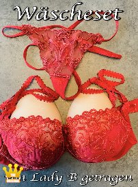 Lady Barbara : Private red lingerie set, worn by me and possibly also to be seen in the updates. The set consists of a lace bra and lace tanga with signs of wear. If you want, I can wear the set again during sex before shipping.<br> <red>Just send me an email with the order number, you will then receive further information regarding the payment. I am also happy to answer any questions you may have about the order. The sale is private, the shipping is very discreet as registered mail or DHL package with tracking number. Parcel station, fantasy sender or shipping without tracking at your risk. Private sale: No exchange, no return. Delivery within Germany is free. abroad on request.</red></small>