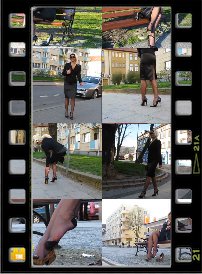 HD-Video mit Lady Ewa : Lady Ewa stöckelt hier in einer reinen Clipserie in einem hoch geschlitzten schwarzen Kostüm, hauchdünnen schwarzen Nylons und verschiedenen hochhackigen Pumps durch ihre Heimatstadt in Polen. Ist sie dort bei den Polnischen Spannern und Nylonfreunden bekannt und wird beobachtet?