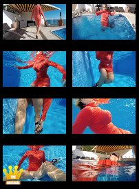 HD-Video with Lady Barbara : Today you can see in a 18min video how I walk down the stairs to the pool in Spain in a tight knitted dress and high-heeled thong mules. Then I step into the pool with my red dress and mules on my feet. After that you see underwater shots of how I swim in the pool with my tits tied off and at the end I press one of the heels between my labia.