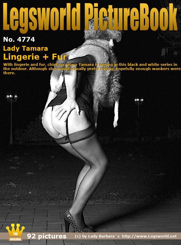 Ebook: 4774 - Lady Tamara
Lingerie + Fur
In this horny black and white series, the chief secretary Tamara poses outdoors in lingerie and a fur collar. One of Tamara