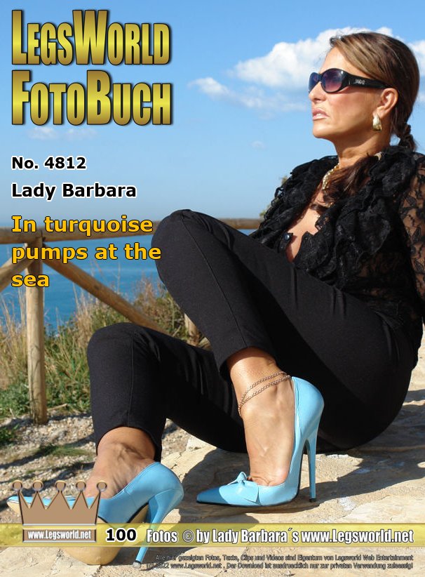 Ebook: 4812 - Lady Barbara
In turquoise pumps at the sea
To mince in 16cm high heeled Stilettopumps on the rocks, was not so easy. But was you see, I do everything for a great background on the pictures. And so I am today posing for you in a transparent lace blouse and a black hat in front of the Mediterranean backdrop.