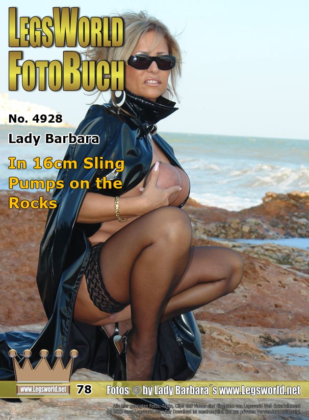 Ebook: 4928 - Lady Barbara
In 16cm Sling Pumps on the Rocks
Today I am stumbling for you on the stony coast in Spain in a black vinyl cape and sheer black stockings on my 16cm high heeled black patent leather pumps through the rocks. My bare boobs are tied off with tight rubber bands. Did someone see me there?