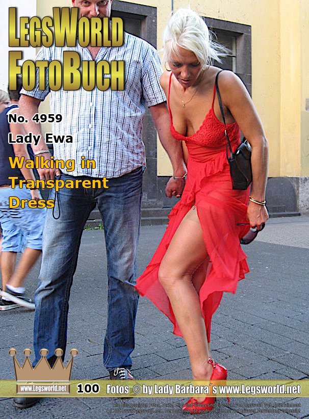 Ebook: 4959 - Lady Ewa
Walking in Transparent Dress
A member was hot to see the Lady Ewa in a transparent dress walking through a big town. Therefore Lady Ewa makes with him a walk through Düsseldorf downtown and along the Rhine promenade in her ultra sheer red summerdress. She is wearing also red high heeled pumps and ultrasheer seamed nylonstockings. Everyone can see her garterbelt and the lacy string tanga through her sheer dress. And many people are staring.