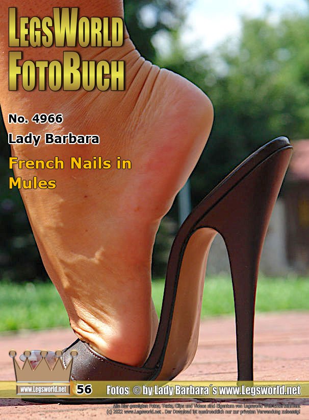 Ebook: 4966 - Lady Barbara
French Nails in Mules
Here you can see my tanned feet mainly in close-ups. I am wearing 15cm-high mules which have only a thin ankle strap on the toes. This looks very sexy, but walking is not so comfortable. Directly before the shooting I had polished my toes in French style.