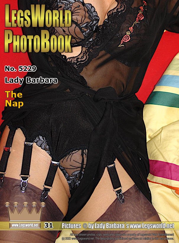 Ebook: 5229 - Lady Barbara
The Nap
After a photo shoot in the morning, I was suddenly tired and had to put me on the bed. Even I didn´t pull off my shoes. You see me here at my nap in underwear, suspenders, ultra sheer mocha colored nylons and black house slippers.