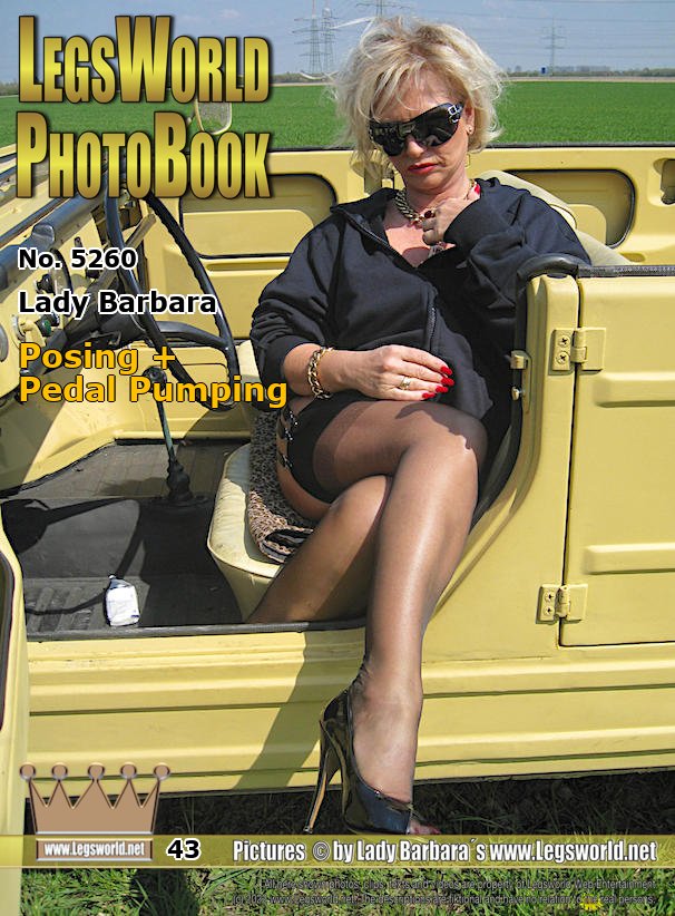 Ebook: 5260 - Lady Barbara
Posing + Pedal Pumping
Here I was again on the road with my old military off-road vehicle, before the new comes. I am wearing a black costume, sheer black nylons and black open toe patent leather pumps with 15 cm heels.  I I were driven to the near by barracks, I think some soldiers woul have got a stiff prick. Incl. a short (1min) pedal-pumping-video.