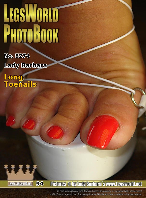 Ebook: 5274 - Lady Barbara
Long Toenails
Today I am once again visited by a member, who likes to try on to my feet the fancy shoes of his wife. Ive polished my long toenails extra in a bright red to please my fan. The Shoes of his wife are slightly too small for me, so my toes often hang beyond the shoes, especially in the plateaushoes. Here I had to span the toestraps between two toes that it matched.