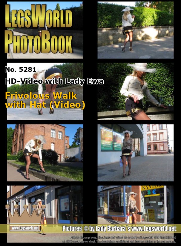 Ebook: 5281 - HD-Video with Lady Ewa
Frivolous Walk with Hat (Video)
In this video, Lady Ewa is in super short black skirt, a white blouse and ultra-sheer black stockings on a garter belts on the road in her hometown in Poland. To this, she wears black patent leather pumps and a beige colored hat, which makes her particularly flashy. Especially when she lifts the skirt and shows her suspenders. Some peepers are lurking in the background, because before the camera no one really wants.