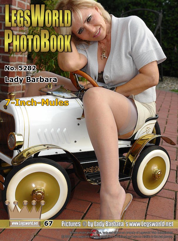 Ebook: 5282 - Lady Barbara
7-Inch-Mules
No, this is not my new car. In this series I show 7 inch high mules to you in shiny red and silver. See how my red painted claws are drilling through the sheer nylon stocking and protrude in in the toe opening. Not at the car, but at me.