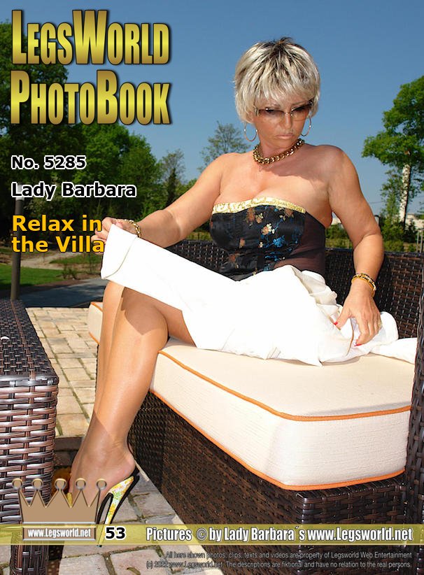 Ebook: 5285 - Lady Barbara
Relax in the Villa
In the Villa Vertigo I made myself comfortable on a lounge in the outdoor area. To my light beige costume Im wearing some 16cm-high heeled mules with floral pattern. These mules are very steep and have very thin straps that make pain on the toes, when I wear them longer.