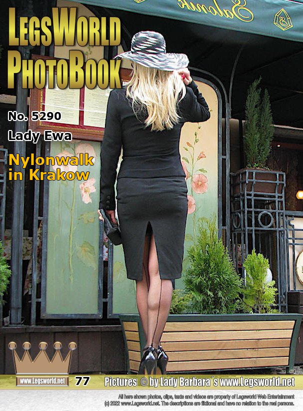 Ebook: 5290 - Lady Ewa
Nylonwalk in Krakow
The blonde Lady is tottering today through the city with a hat and high heels, dressed in an elegant black business suit. The slit in her skirt is so long, that you can look up to the garter belt. To this, Lady Ewa wears black seamed nylons. Again and again the guys to look after the Polish, and not just the guys.