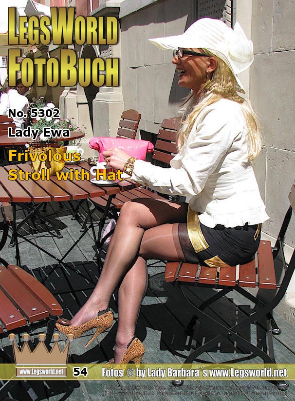 Ebook: 5302 - Lady Ewa
Frivolous Stroll with Hat
Lady Ewa sits in an elegant beige-and-black costume with hat in the Café, so that her feet can relax from running in the narrow, 14 cm high pumps. Her short black skirt slipped up so far, that the welts of her sheer black seamed nylon stockings can be seen by the people. Then she continues her walk across the marketplace, where she is solicited by some people.