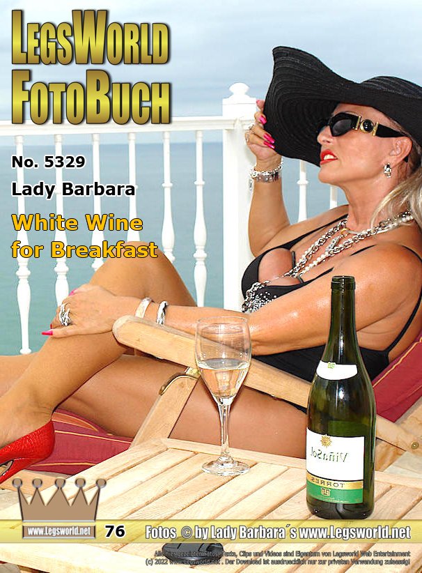 Ebook: 5329 - Lady Barbara
White Wine for Breakfast
In a black bathing suit and red 16 cm high crocodile pumps I am posing with a lot of jewelry and a big summer hat on the terrace of my villa in Spain at 30 degrees in the shade. I enjoy an ice-cold, delicious white wine - before breakfast. Do I have bare legs, or do I wear sheer skin-colored tights? Take a close look.