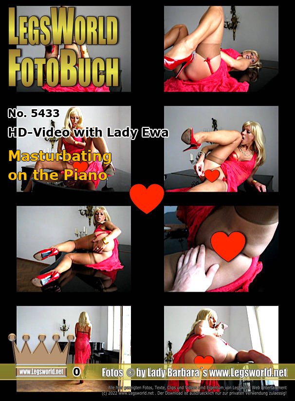 Ebook: 5433 - HD-Video with Lady Ewa
Masturbating on the Piano
Today, Lady Ewa shows in a 14-minute video, how she is masturbating on a grand piano. First with her dildo, then with her red stiletto pumps. It is in the evening, after dinner. The Lady wears her red evening dress, sheer nylon stocking and red high heels while she is lying on the piano. Of course the Polish also is wearing sheer nylons, perfect for the sexy Lady. That also thinks spectator, who gropes from the background again and again Ewas wet cunt.