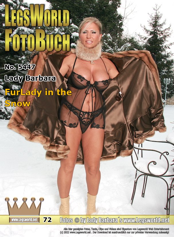 Ebook: 5447 - Lady Barbara
FurLady in the Snow
It had been snowing this night a lot when we wanted to take pictures in the garden. So I was wearing for that shooting 15 cm-high boots instead of high-heeled delicate sandals on my feet, but  only a sheer negligee under my fur coat in the cold snow. Because it was quite slippery, I slided off soon and was laying in the snow. Happy new year.