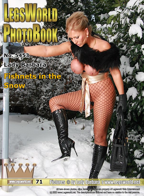 Ebook: 5453 - Lady Barbara
Fishnets in the Snow
The other day it was as cold in the Rhineland as it had been in a long time, even the snow remained. Of course, boots are a must in such a weather, but otherwise the cold is no reason for me to put on more clothes. I really like it when I can show my pinched boobs also in the cold. As here with fishnet tights, Krokopumps and crocodile bag.