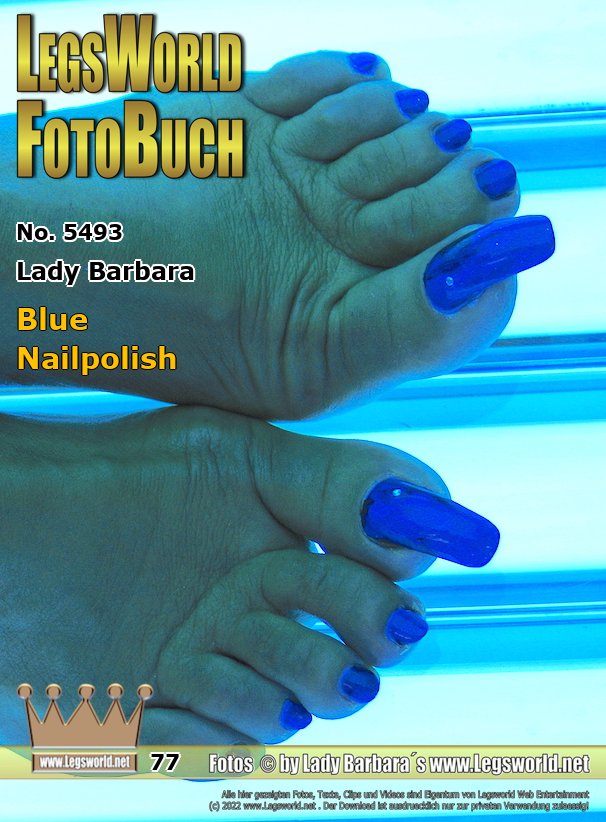 Ebook: 5493 - Lady Barbara
Blue Nailpolish
Here you can see some close-ups of my bare feet with dark blue toe nails under the solarium. Toe fan Horst from Duisburg was enthusiastic over my long nails. He had ordered the pictures, because some days before he saw me in delicate strappy heels and with this blue polished toe nails in the city. Horst was a long time member, and I fullfilled his wish gladly.