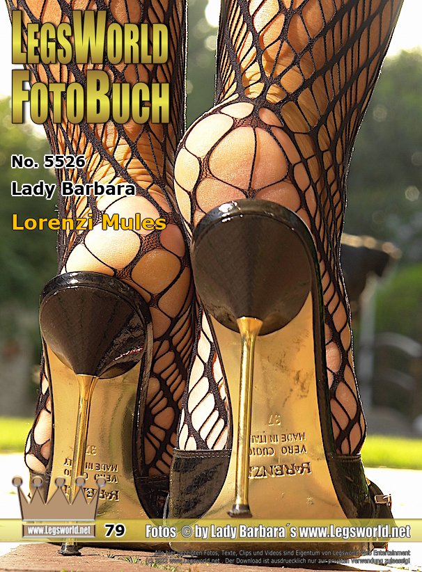 Ebook: 5526 - Lady Barbara
Lorenzi-Mules
Today Ill show you close-ups of my black Gianmarco Lorenzi mules with gold sole and golden clasp. The shoes have a 12cm high, thin metal heel and are very comfortable to wear. Thats why I often have them on my feet while shopping. Today I wear to them also black fishnet stockings, through which my long, bright red toenails look out at the front .