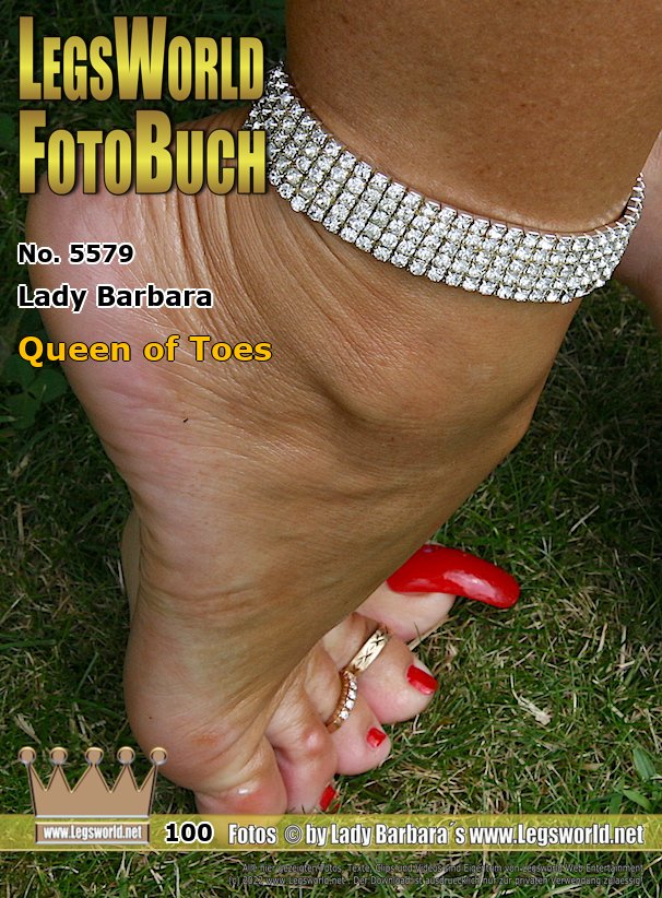 Ebook: 5579 - Lady Barbara
Queen of Toes
Here you see my toes and arches. A member wanted me to hold my naked feet as theywere in highhest heels. As I wear high heels since I was 14 years old, I only can walk on stiletto shoes. You will nearly find no flat shoes in my cabinet. I cannot walk on them. Would you like to cum between my oily toes? And of course my toes are always polished in bright red and my feet are decorated with anklets and toe rings, for example.