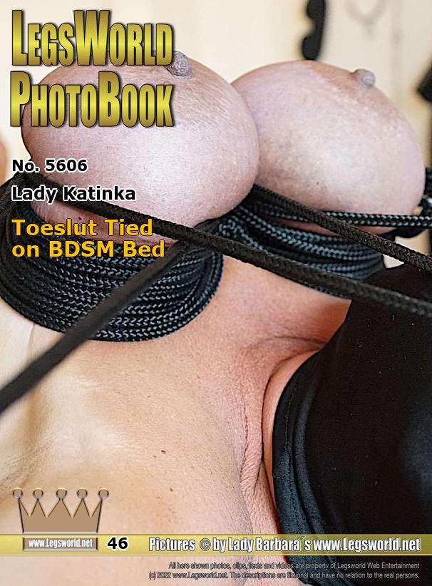 Ebook: 5606 - Lady Katinka
Toeslut Tied on BDSM Bed
On her hands and feet, the blonde SubLady has been fixed to her BDSM bed today, because she did not do her bosss job properly. She still wears the skin-colored Alberts Barefoot Nylons from work and the garter belt. The big (BH 75F) tits are tied tightly with a braided rope by her master, Mr. Grey. Later, the horny secretary got clothespins on her nipples and labia. On the small video you can see how the sub is chastised at the end with the whip.