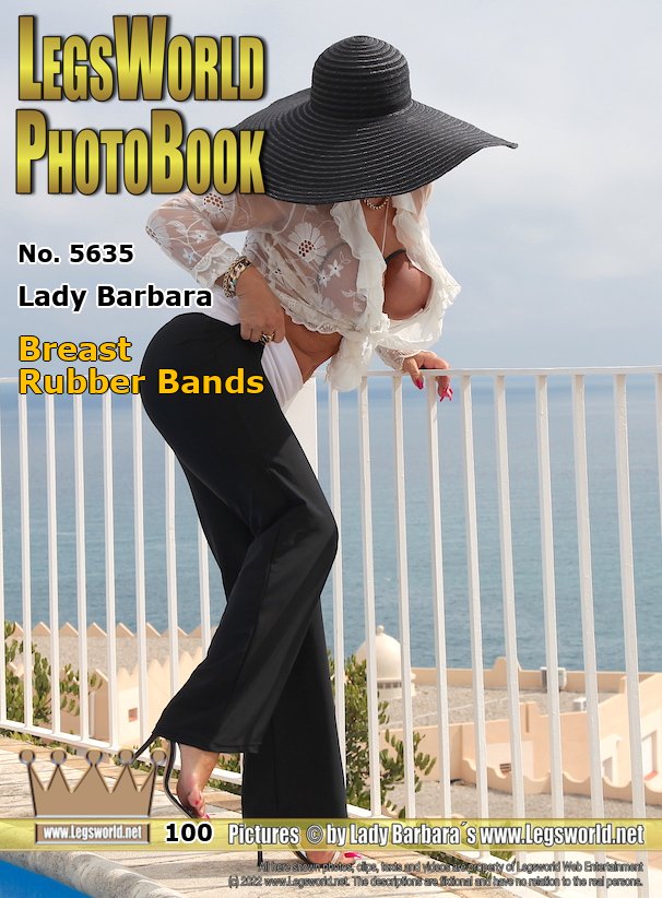 Ebook: 5635 - Lady Barbara
Breast Rubber Bands
For all lovers of tight breast rings, there are again new photos from me on the terrace and at the pool. Over the tight breast rings I wear a transparent white ruffled blouse and on my head a black summer hat. I don´t wear a skirt today, but black pants and these rhinestone sandals, where only the big toe is hold by a small strap.