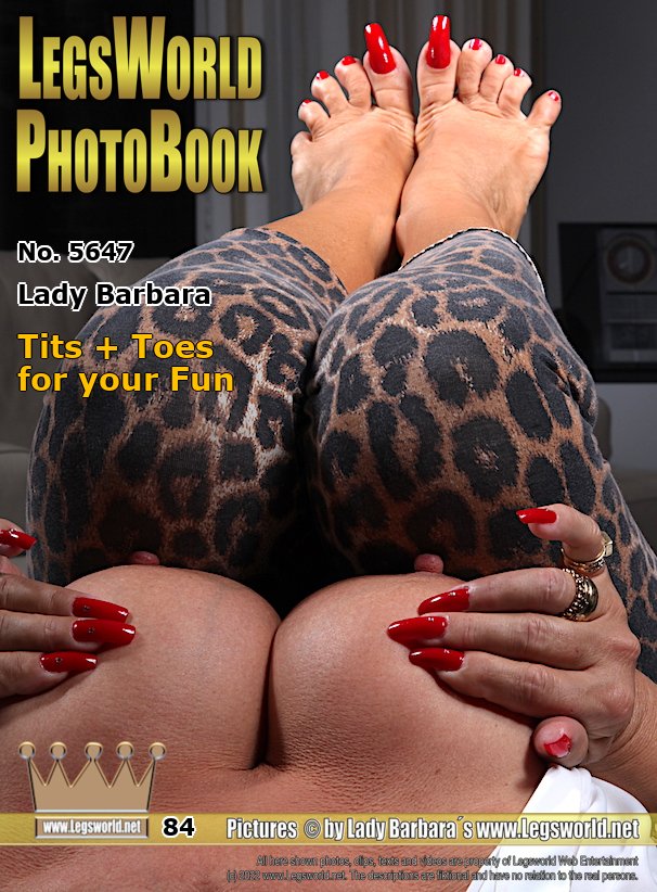 Ebook: 5647 - Lady Barbara
Tits + Toes for your Fun
Many of you members wanted to see new pictures from me. Now the waiting has an end. Here you see the first new series with my big its and my long red nails. Hope you like them. Come closer and put your hard dick between my big tits, so that my nipples become even bigger. And then look at my toes. Come close to my toes with your nose. Can you smell them?