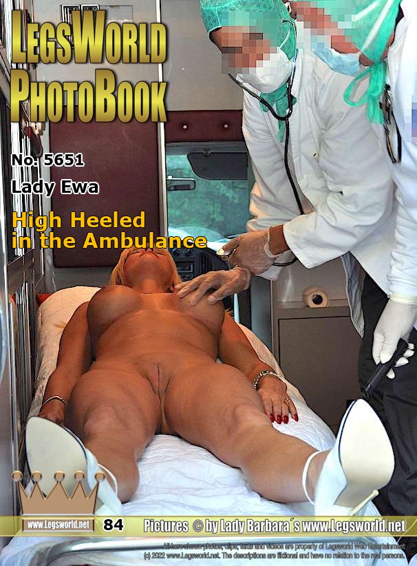 Ebook: 5651 - Lady Ewa
High Heeled in the Ambulance
When she got dizzy in the heat of the last days on a nude date in the woods, we called the ambulance and they had examined the naked Lady in the car. She did not want to take her 18 cm high heels off under any circumstances. After the two paramedics had put the Lady on the bench, they extensively examined the genital area. Turned on by the extremely high heels, one of the two then took her stockinged feet, and jerked her a full load of cum on her feet.