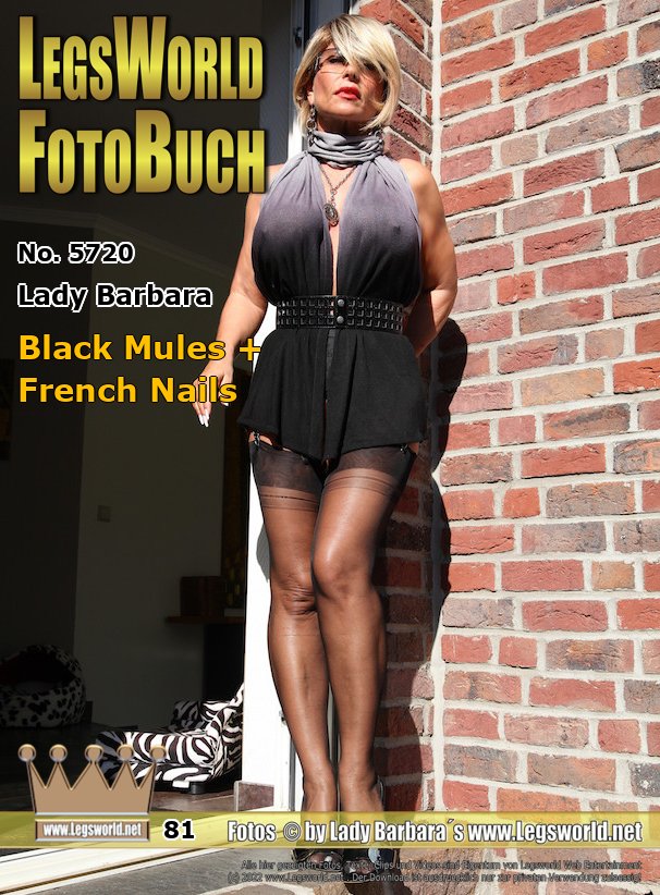 Ebook: 5720 - Lady Barbara
Black Mules + French Nails
Here you see me in black mules with golden heels and sheer black nylon stockings. As you see, these stockings make my long french nails look very good. Do you want to smell my sexy toes? Or lick the slim, golden Heels of my mules? Or better put your dick between foot- and shoesole and fuck me? Or would that be your dream dress for Asexual Escort?