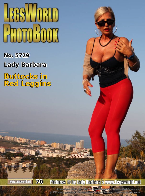 Ebook: 5729 - Lady Barbara
Buttocks in Red Leggins
Here you can see part 2 of my little excursion with sheer red leggings and 15 cm high, black+white mules to a viewpoint. In such shoes over the bumpy paths, this is quite exhausting. If you would meet me dressed like this in a disco, what would you do? Would you buy me a few glasses of champaign and then make a grab at my buttocks?