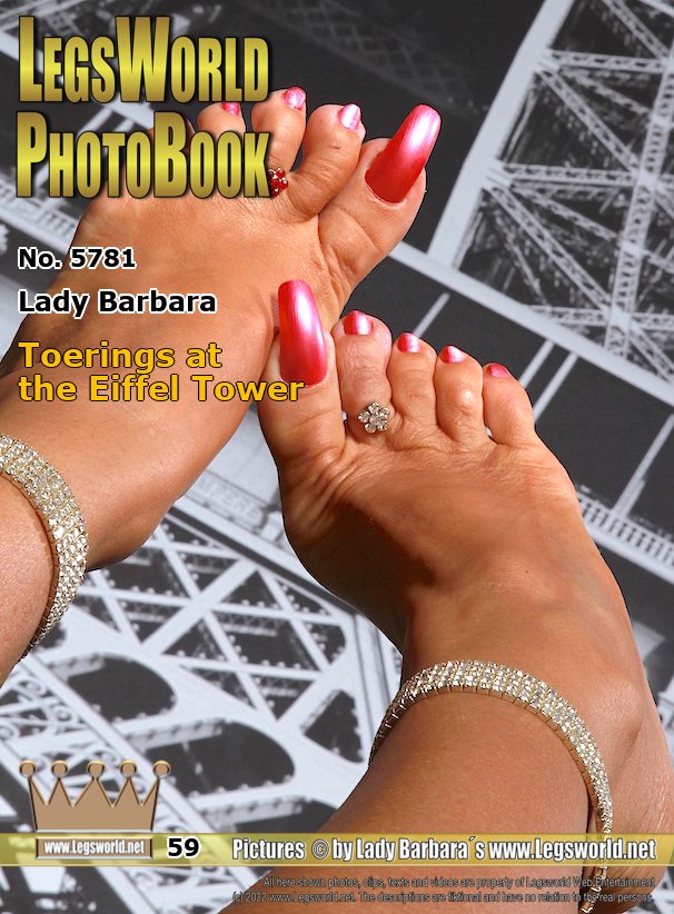 Ebook: 5781 - Lady Barbara
Toerings at the Eiffel Tower
For the fans of foot jewelery, toe rings and long toe claws, I show today a few close-up photos in front of a picture of the Eiffel Tower. At the request of a special member, I spread my toes on some photos wide open. I hope that I now get a lot of sperm from you and all other horny toe wankers between my toe slits, my dear Horst.
