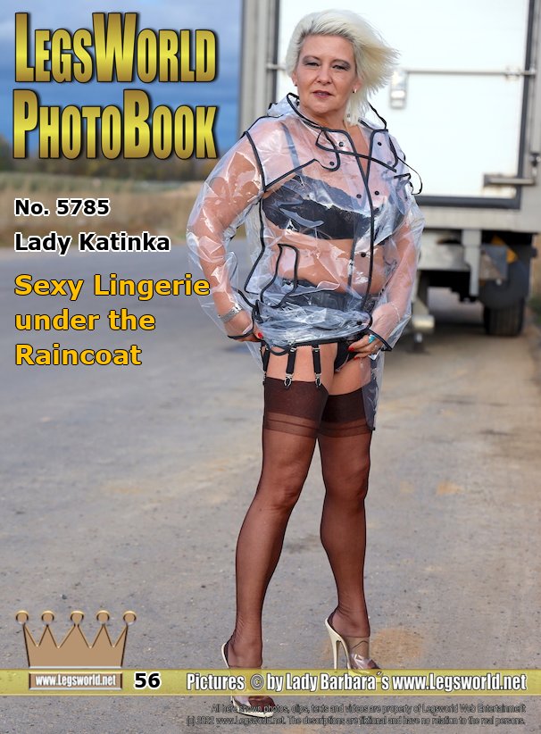 Ebook: 5785 - Lady Katinka
Sexy Lingerie under the Raincoat
With a transparent raincoat over her sexy lingerie with an ouvert string, the blonde secretary dares out in the street. On her suspenders she has fixed dark brown original seamed nylons and her feet are put in 14cm high-heeled mules with transparent upper. Would you like to go for a walk with her like this?