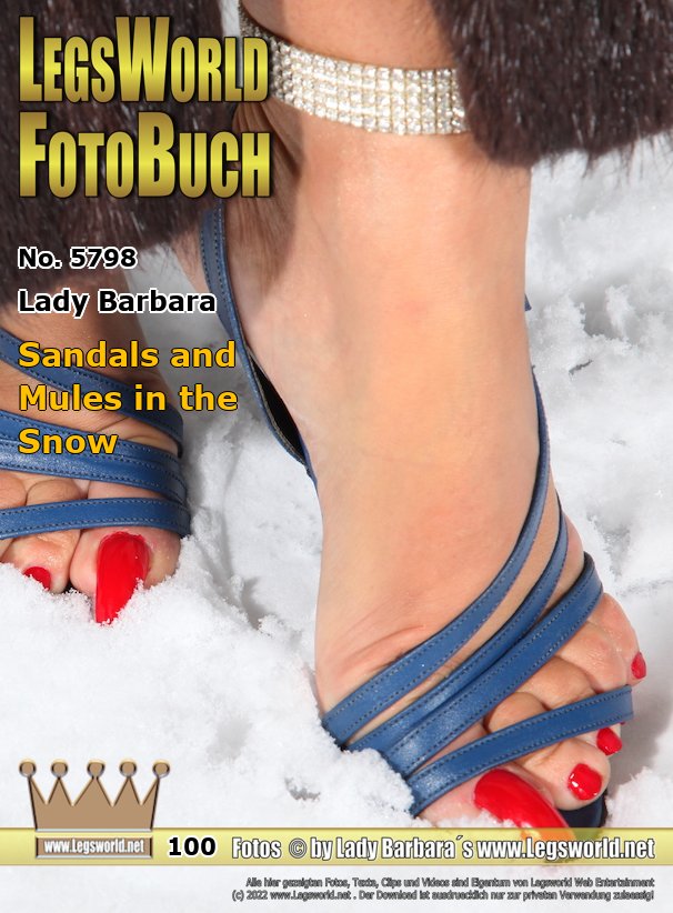 Ebook: 5798 - Lady Barbara
Sandals and Mules in the Snow
Here again something for the friends of sandal women and mules women in the snow: I wear sexy high heeled sandals and mules in the snow. No nylons! Doesn´t the cold white snow match perfect to my bright red hot toe claws?