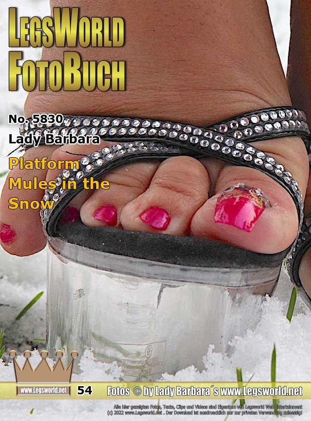 Ebook: 5830 - Lady Barbara
Platform Mules in the Snow
Today there is something for the fans of Ladys who love to wear high heeled, open mules all the year, so also in winter with ice and snow. Here you see me with platform mules and naked feet in the snow. While the small toe is constantly hanging out of the shoe, it is pretty cold also for my other toes in the snow. Who will warm them?