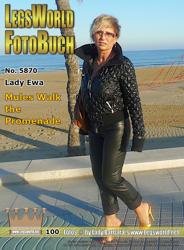 Ebook: 5870 - Lady Ewa
Mules Walk the Promenade
Here you see the first series of the promised pictures from the beach in Spain. I am walking in various mules with 13 and 14 cm heel at the promenade. The young man with the bicycle happened to come the way and he said, he knew me from somewhere, but couldnt remember... maybe from the daily news?